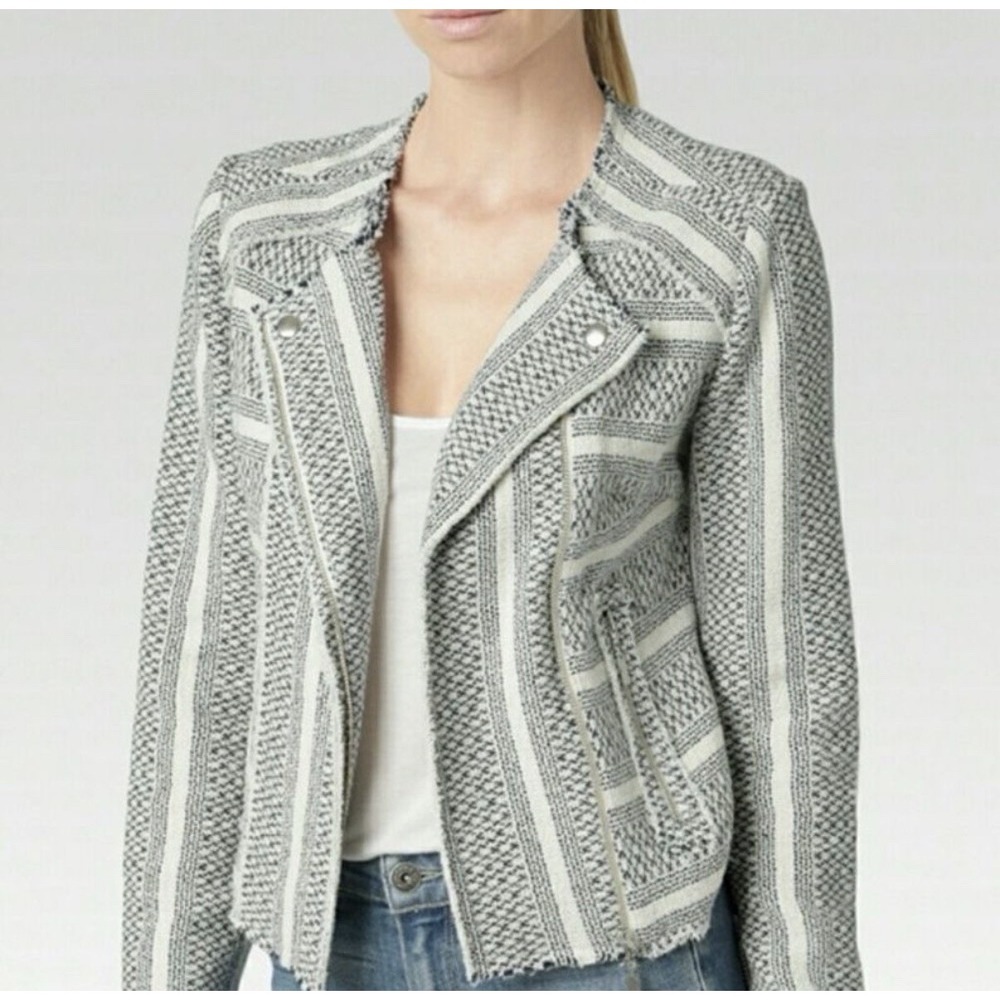 PAIGE Moto Jacket Small Blue Ivory Tweed Fringe Zip Cotton Blend Cropped Small